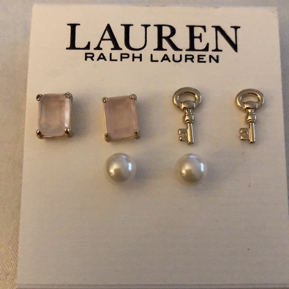 Lauren Ralph Lauren 3 Pair Stud Earring Set Key, Rose Quartz & Faux Pearl NWT - Picture 3 of 13